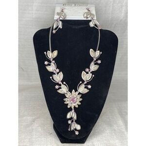 Vtg Nitty Jewelry Silver Tone Necklace & Earrings Pink Rhinestone‎ Flower Leaf